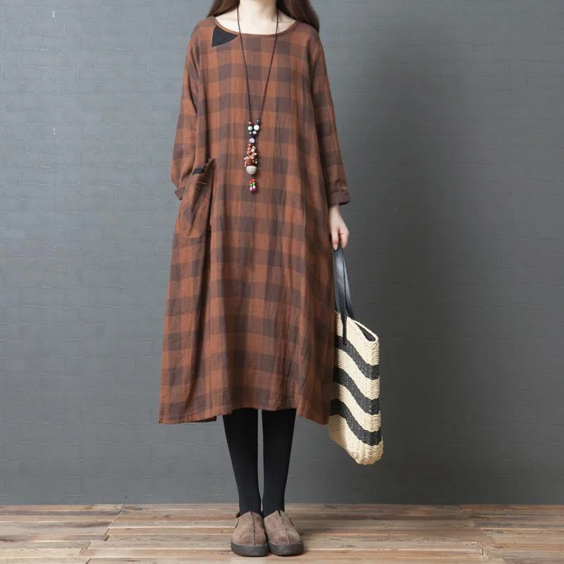 French long sleeve cotton linen Robes Organic Work Outfits khaki Maxi Dresses plaid Comfortable Flowy Maxi Dress