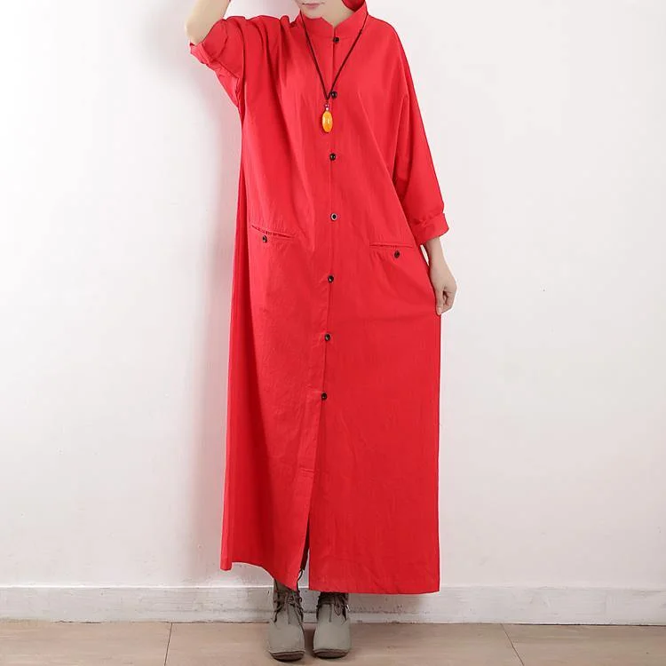 French stand collar cotton clothes Tutorials red long sleeve Maxi Dress fall Trendy Maxi Dress with Straps