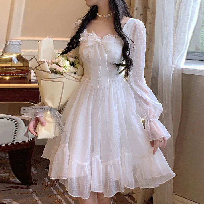 French Sweet Fairy Dress Bowknot Princess Midi Dress     S4943 Trendy Off-Shoulder Ruffle Midi Dress