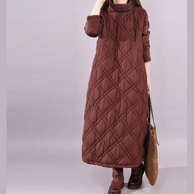 French warm high neck cotton winter clothes Sewing brown patchwork Maxi Dress Comfortable Plunging Neckline Maxi Dress