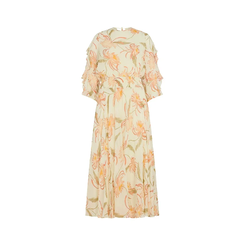 Mia Ruffle Sleeve Moonflower Print Midi Dress In Cream Trendy Off-Shoulder Ruffle Midi Dress Mia Ruffle Sleeve Moonflower Print Midi Dress In Cream Trendy Off-Shoulder Ruffle Midi Dress