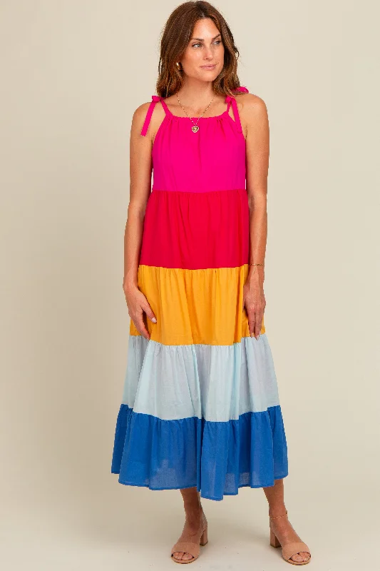 Fuchsia Colorblock Tiered Midi Dress Elegant V-Neck Midi Dress