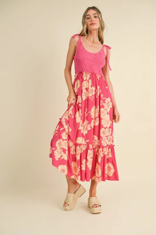 Fuchsia Floral Colorblock Midi Dress Trendy Off-Shoulder Button Midi Dress