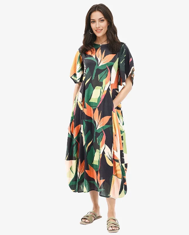 Rareism Women Gesto Multi 3/4Th Sleeve V-Neck Balloon Fit Abstract Print Midi Dress Comfortable Empire Waist Midi Dress