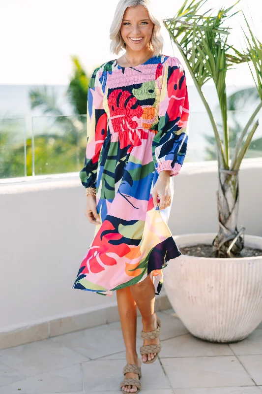 Get What You Want Navy Blue Abstract Print Midi Dress Fashionable High-Neck Midi Dress