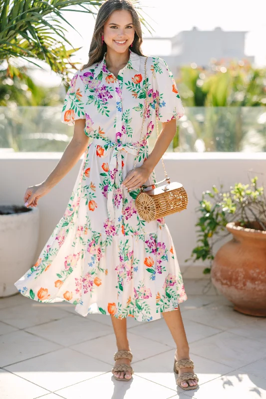 Give You Everything Ivory White Floral Midi Dress Trendy Bodycon Midi Dress