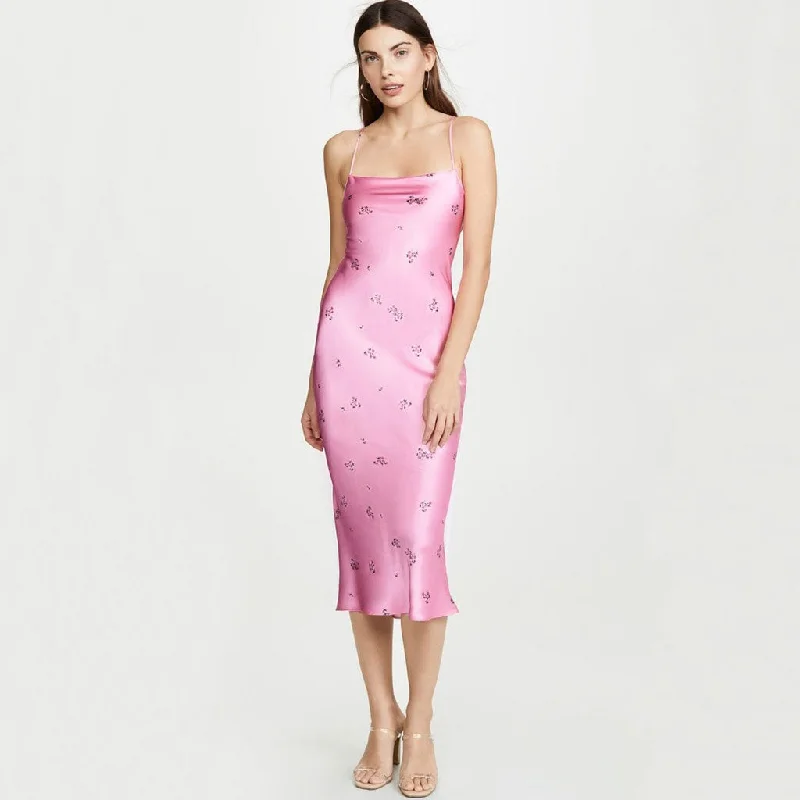 Glossy Ditsy Floral Print Backless Satin Slip Midi Dress - Pink Comfortable Lace-Up Midi Dress