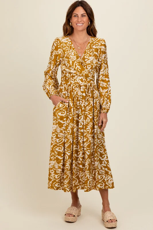 Gold Abstract Floral Gathered Front Midi Dress Chic Floral Print Midi Dress