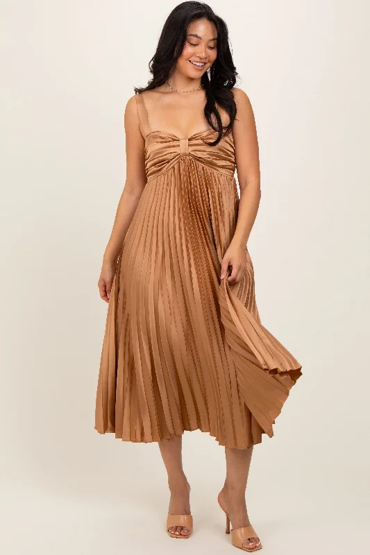 Gold Satin Pleated Sweetheart Midi Dress Fashionable High-Low Midi Dress