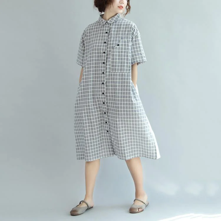 grain plaid print cotton  sundress plus size casual maxi dress turn-down collar shirt dress Trendy Satin Maxi Dress