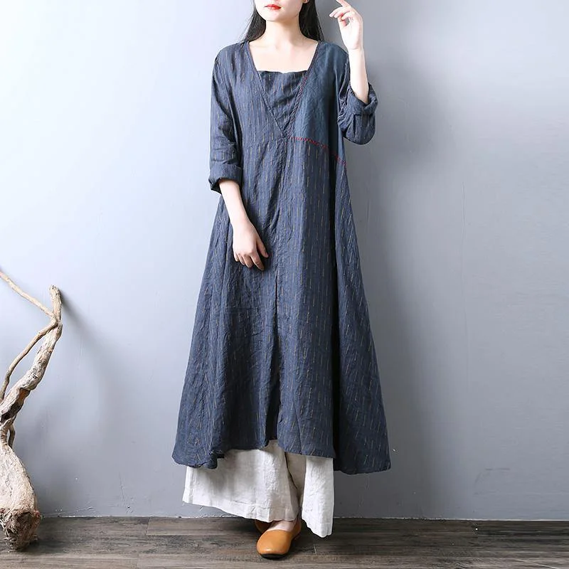 gray blue striped linen caftans plus size long sleeve linen gown fine big hem maxi dresses Classic A-Line Maxi Dress