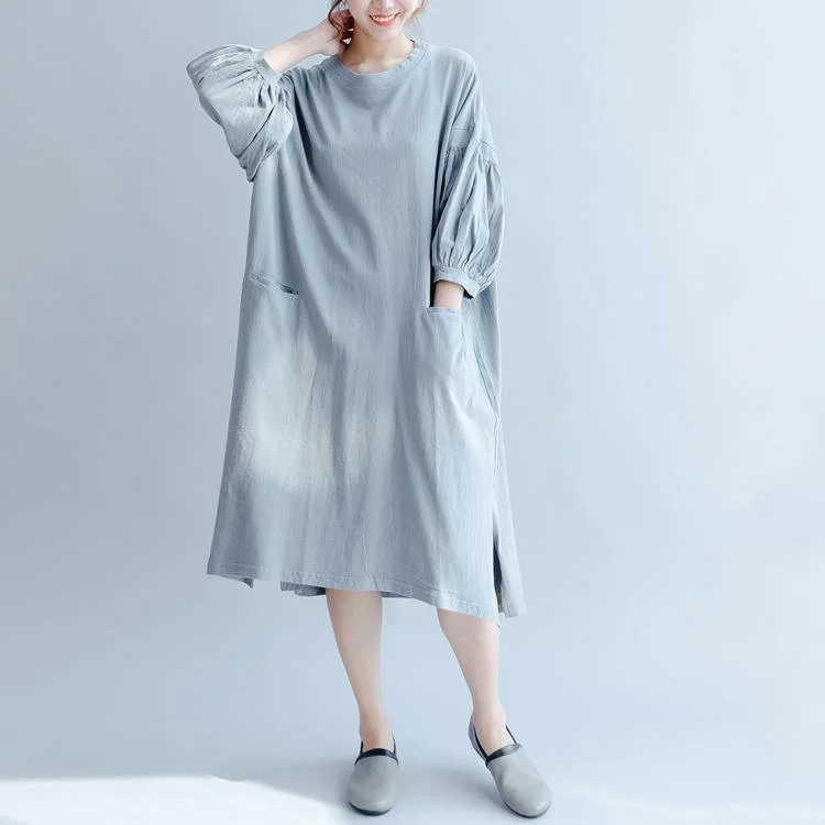 gray blue vintage sundress plus size knit cotton summer dress puff sleeve maxi dress Stylish V-Neck Maxi Dress