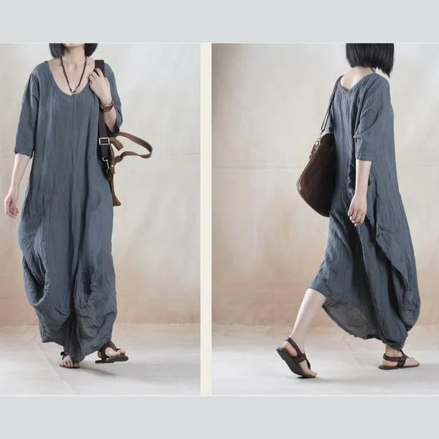 Gray line dress summer maxi dress short sleeve Elegant Maxi Dress with Belt