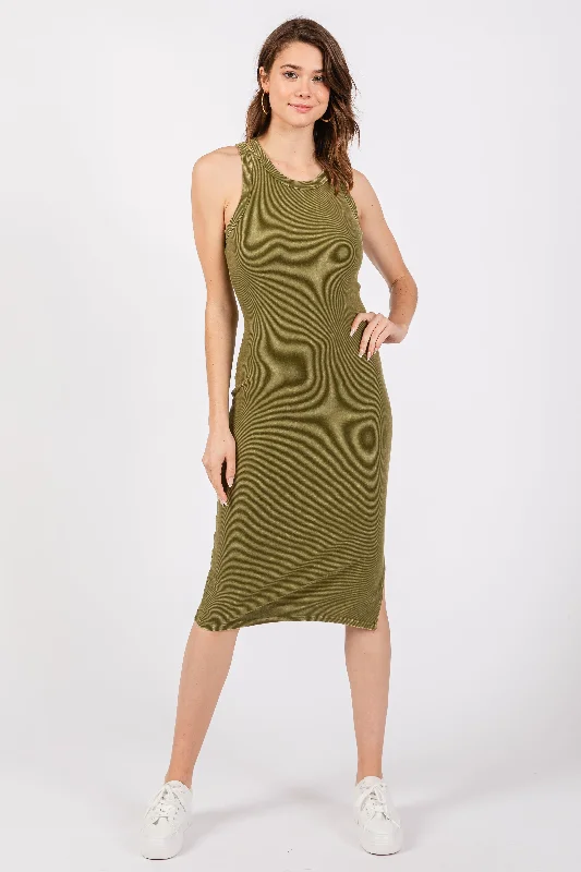 Green Acid Wash Ribbed Sleeveless Midi Dress Trendy Flared Sleeve Midi Dress