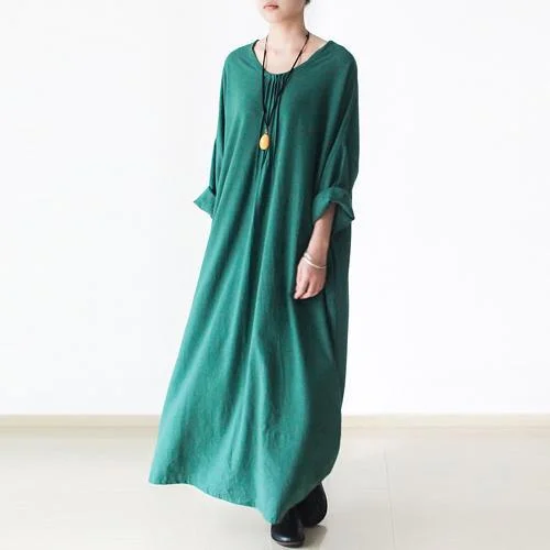 Green linen dresses long sleeves caftans cotton maxi dress Fashionable Faux Wrap Maxi Dress