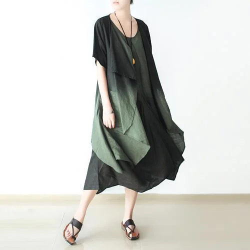 green linen maxi dress plus size casual dresses o neck two pieces Trendy Floral Print Maxi Dress