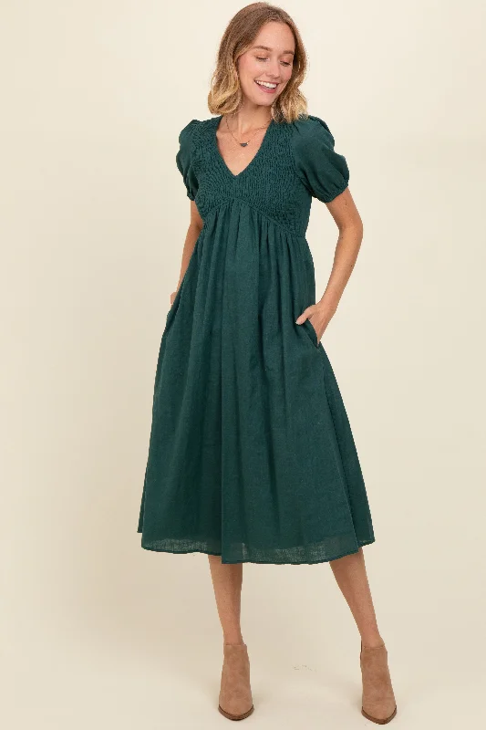 Green Smocked V-Neck Puff Sleeve Midi Dress Stylish High-Waisted Midi Dress