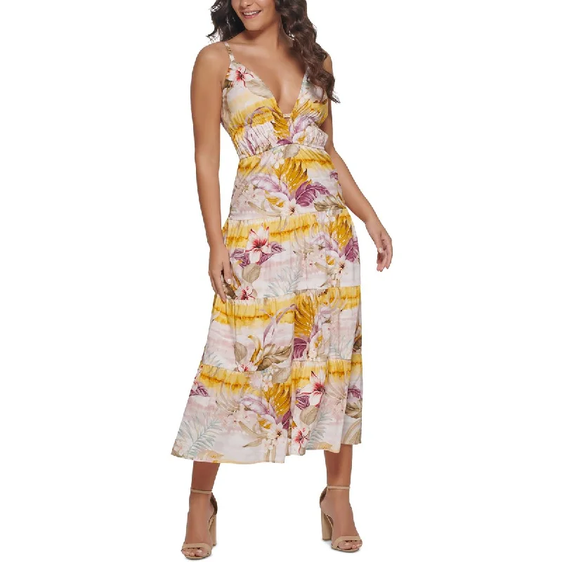 Guess Womens Long V-Neck Maxi Dress Comfortable Pleated Maxi Dress