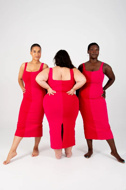Half and Half Midi Dress Petite in Red/Pink Fashionable A-Line Midi Dress