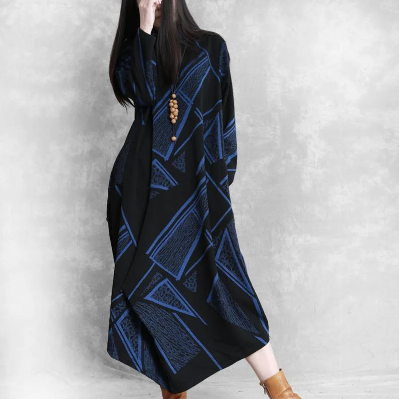 Handmade high neck asymmetric cotton Wardrobes Tunic Tops blue print Maxi Dresses fall Stylish Boho Chic Maxi Dress