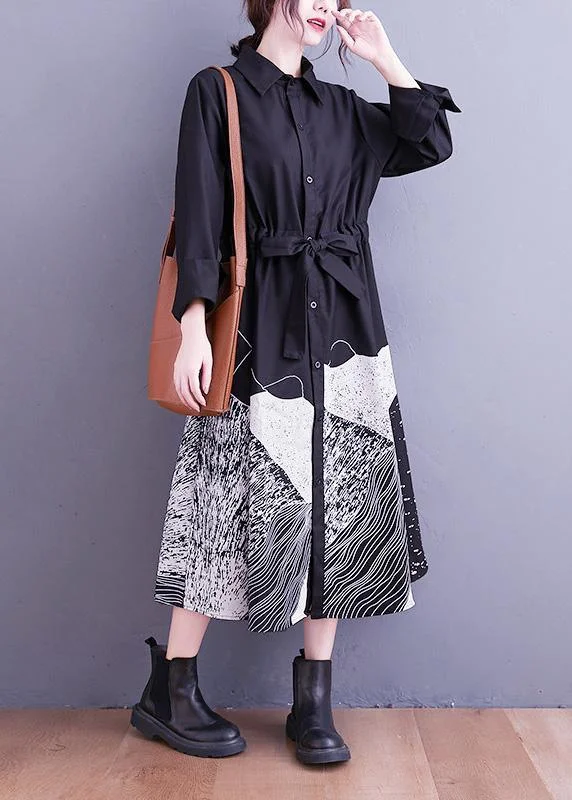 Handmade Lapel Tie Waist Clothes Work Outfits Black Abstract pattern Maxi Dresses Elegant Maxi Dress with Pockets