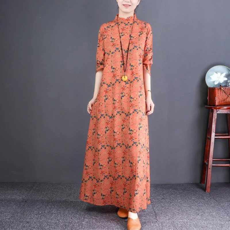 Handmade orange floral cotton linen dresses Omychic pattern stand collar Maxi Dresses Comfortable Bohemian Maxi Dress