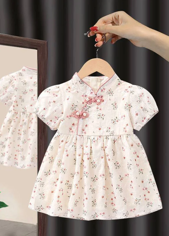 Handmade Pink Stand Collar Print Kids Maxi Dresses Short Sleeve MN018 Fashionable High-Low Maxi Dress