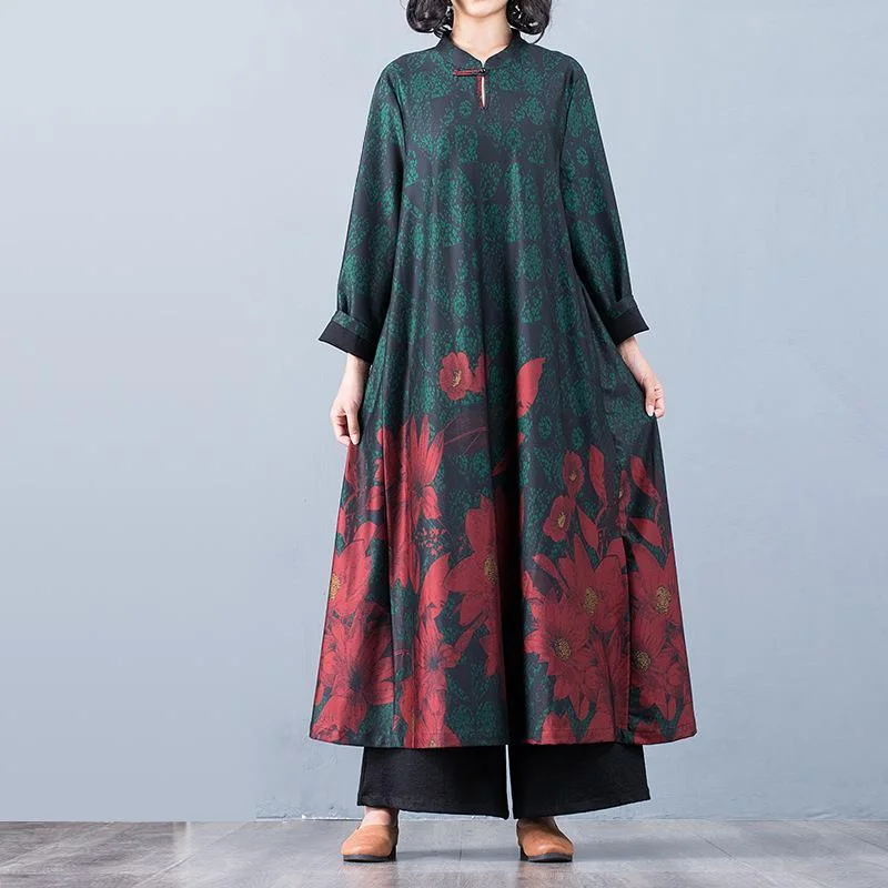 Handmade stand collar cotton fall quilting clothes Wardrobes green Maxi Dresses Comfortable Casual Maxi Dress