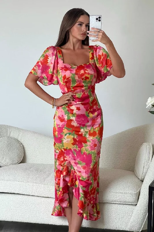 Heidi Ruched Midi Dress Comfortable Floral Print Midi Dress