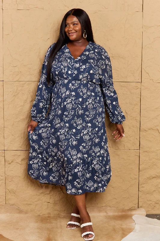 HEYSON Night Out Full Size Balloon Sleeve Floral Midi Dress Trendy Tiered Hem Midi Dress