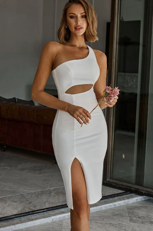 Hideaway One-Shoulder Cut-Out Front Split Midi Dress White Stylish Wraparound Midi Dress