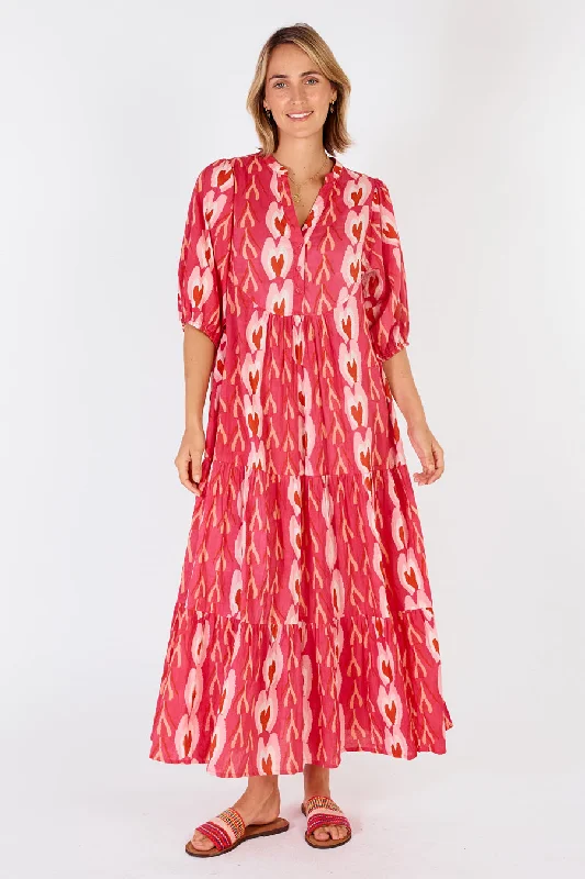 Ibisa - Heart Midi Dress - Pink Stylish Button-Up Midi Dress