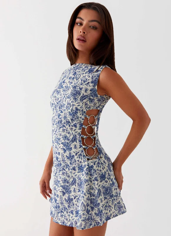 Indigo Bloom Linen Mini Dress - Blue Paisley Chic Pleated Mini Dress
