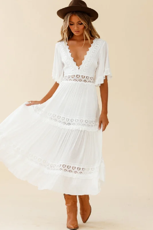 Indio Crochet Insert Deep V-Neckline Angel Sleeve Maxi Dress White Fashionable Faux Wrap Maxi Dress