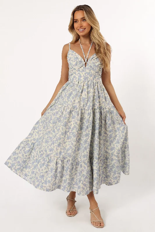 Indy Midi Dress - Blue Elegant Floral Appliqué Midi Dress
