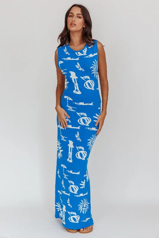 Irene Column Silhouette Maxi Dress Blue Fashionable High-Low Maxi Dress