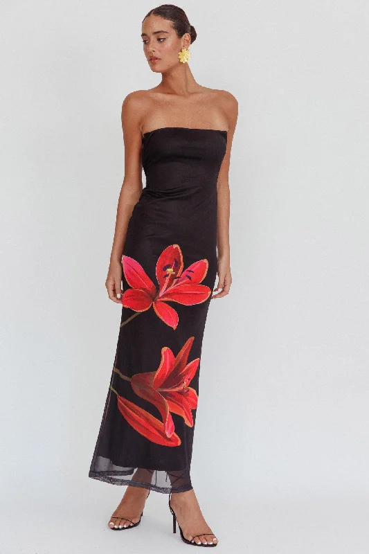 Iridian Strapless Floral Maxi Dress Black Trendy Maxi Dress with Belt