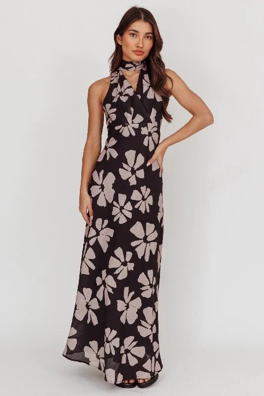 Italia Azure Halterneck Floral Maxi Dress Black Trendy Fit-and-Flare Maxi Dress