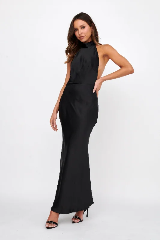 Italia Azure Halterneck Pearl Back Maxi Dress Black Classic A-Line Maxi Dress