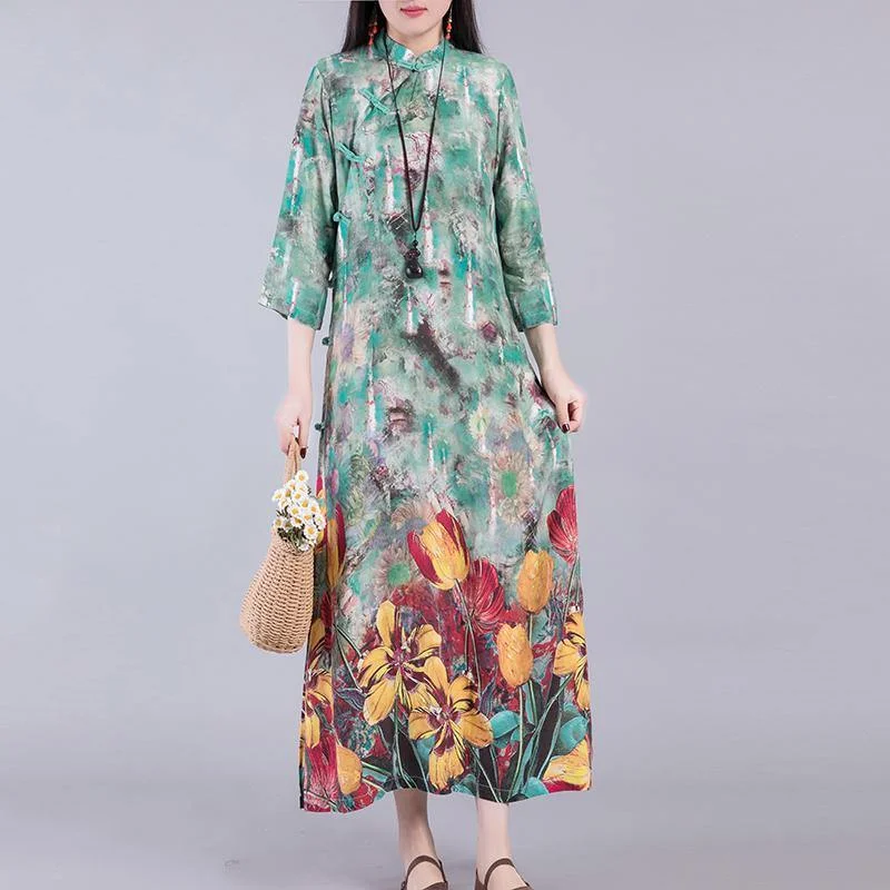 Italian Chinese Button Cotton Tunic Dress Work Green Prints Maxi Dresses Autumn Fashionable Sleeveless Maxi Dress