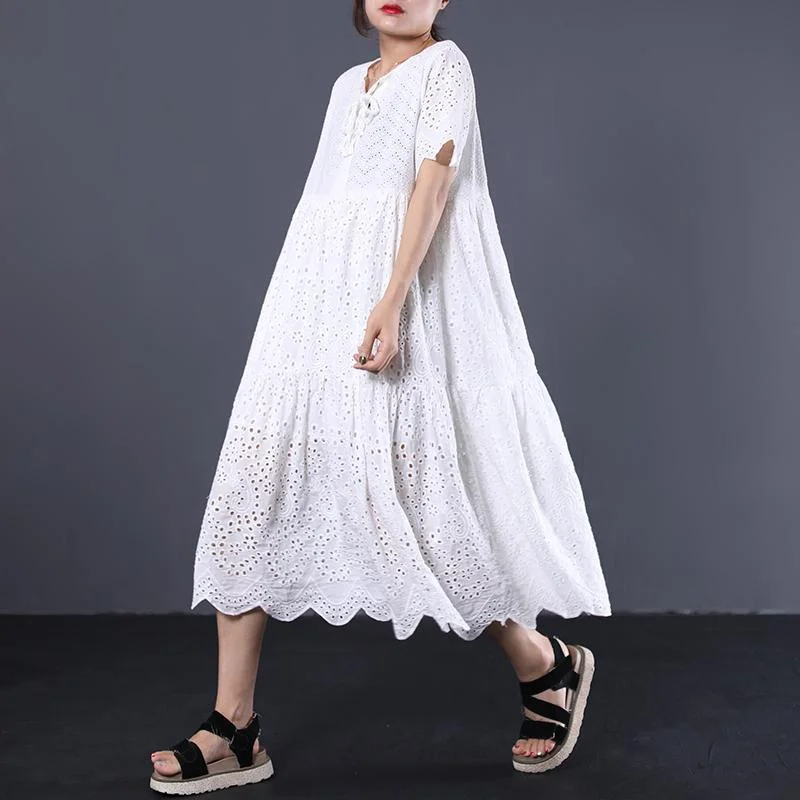 Italian high waist cotton quilting clothes Work Outfits white hollow out Maxi Dress summer Casual Maxi Dress with Pockets