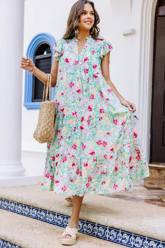 It's Another Day Green Ditsy Floral Midi Dress Stylish Off-Shoulder Ruffle Dress