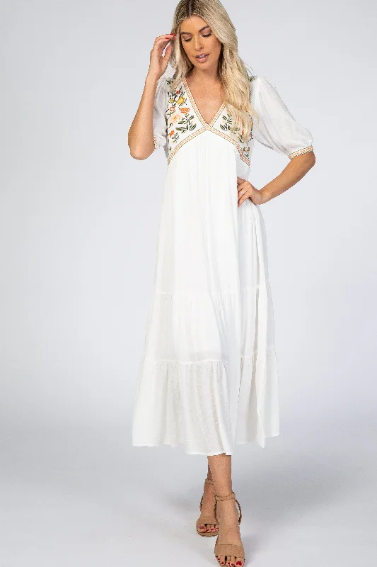 Ivory Floral Embroidered Midi Dress Trendy Fit-and-Flare Midi Dress