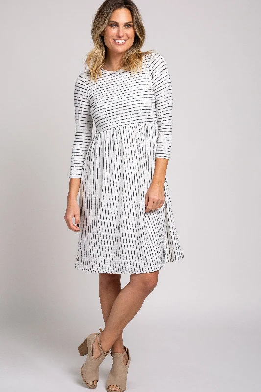 Ivory Ribbed Striped Pleated Midi Dress Elegant Floral Midi Dress