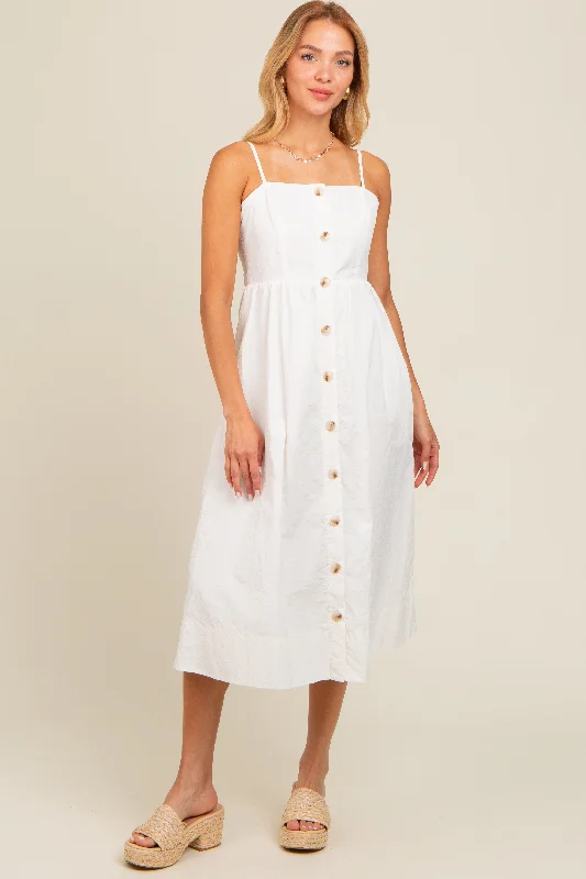 Ivory Sleeveless Button Down Midi Dress Trendy Smocked Waist Midi Dress