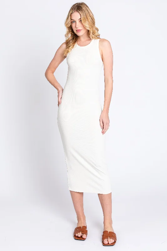 Ivory Sleeveless Ribbed Fitted Midi Dress Cozy Spaghetti Strap Midi Dress