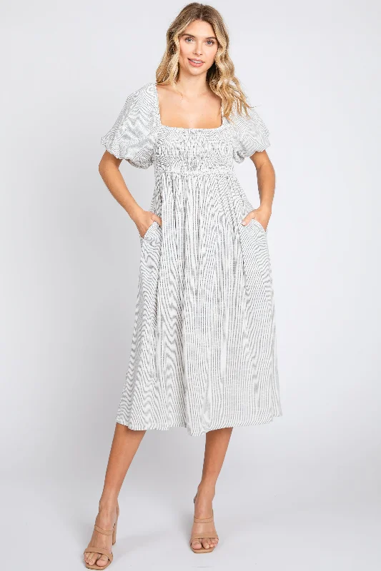 Ivory Striped Linen Smocked Short Puff Sleeve Midi Dress Cozy T-shirt Midi Dress