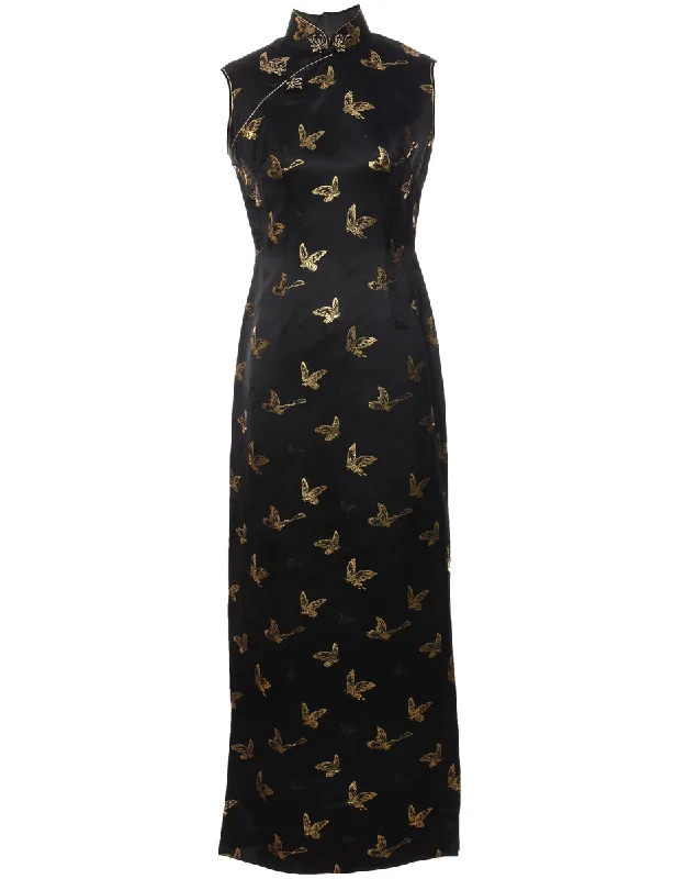 Jacquard Black & Gold Metallic Maxi Dress - M Stylish Boho Maxi Dress