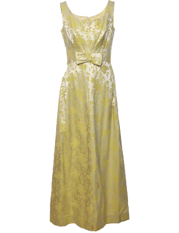 Jacquard Pattern Light Green & Silver Vintage Maxi Dress - M Fashionable High-Low Maxi Dress