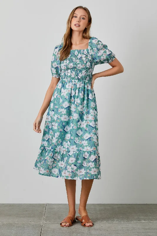 Jade Floral Smocked Midi Dress Chic Bohemian Midi Dress